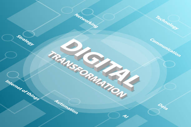 digital transformation isometric 3d word text concept with some related text and dot connected - vector digital transformation isometric 3d word text concept with some related text and dot connected - vector illustration dx stock illustrations
