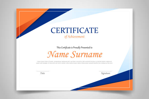 オレンジ色の濃い青と白のクリーンモダンな印刷テンプレートのためのポリゴン幾何学的形状を持つ証明書テンプレートバナー - ベクトル - certificate award graduation diploma点のイラスト素材／クリップアート素材／マンガ素材／アイコン素材
