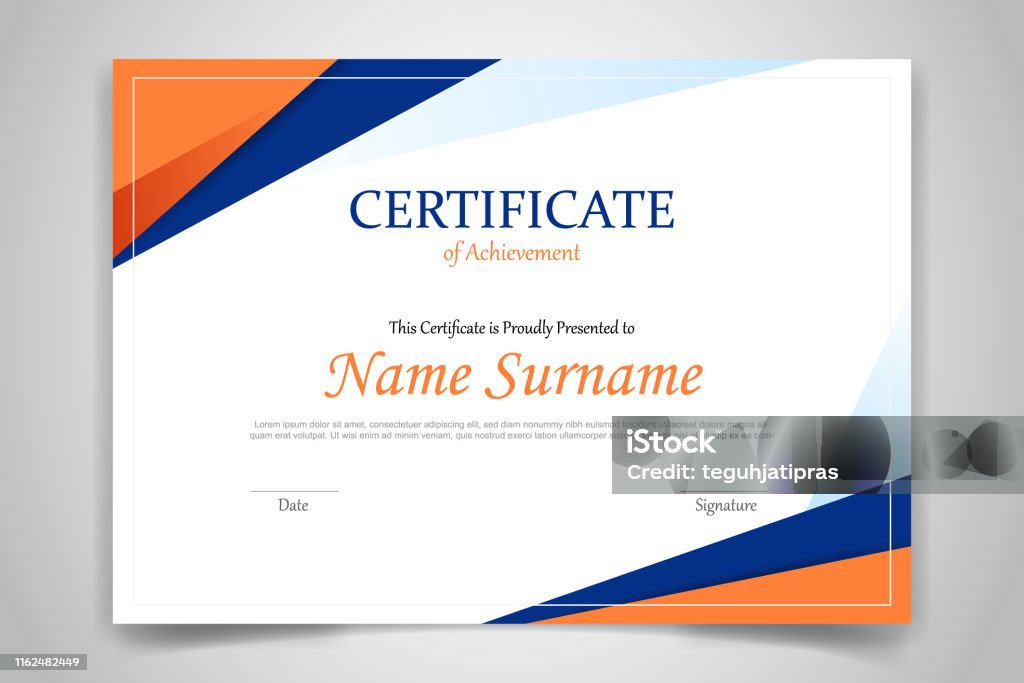 certificate template banner with polygonal geometric shape for print template with orange dark blue and white clean modern - vector certificate template banner with polygonal geometric shape for print template with orange dark blue and white clean modern - vector illustration Certificate stock vector