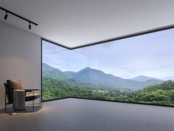 Photo of Minimalist room space with nature view 3d render