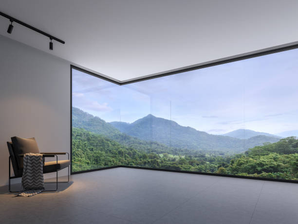 minimalist room space with nature view 3d render - on the inside looking out imagens e fotografias de stock