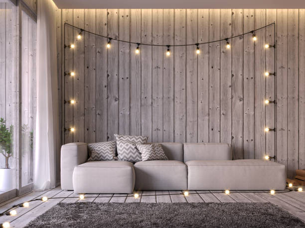 Cottage style living room 3d render Cottage style living room 3d render, floor and wall are old wood, decorated with beige fabric sofa Decorated with string lights on the wall seem prepared for a party. modern cottage interior design stock pictures, royalty-free photos & images