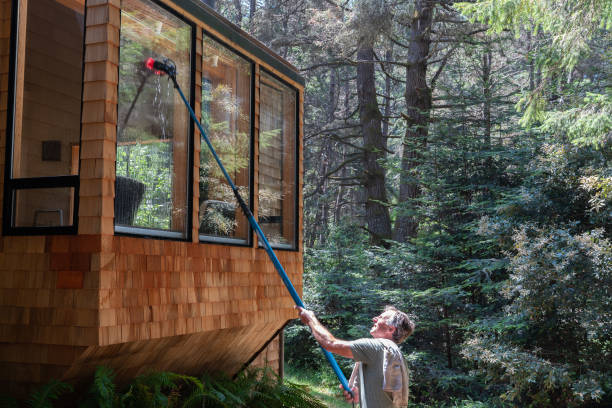istock Man washing window with long pole and brush 1162484294
