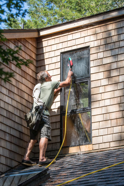 istock Man washing window with brush and water hose 1162484302