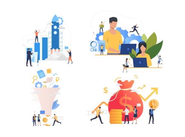 Collection of marketing managers working on strategy Collection of marketing managers working on strategy. Group of business people working on startup project. Flat colorful vector illustration for presentation, poster, new project entrepreneur drawings stock illustrations