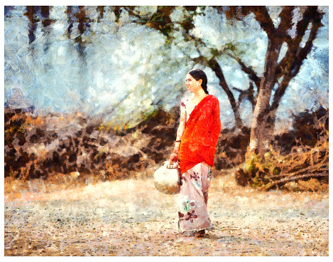 Framed acrylic sketch depicting a woman with umbrella against a natural landscape with a pond and trees. Traditional landscape painting.