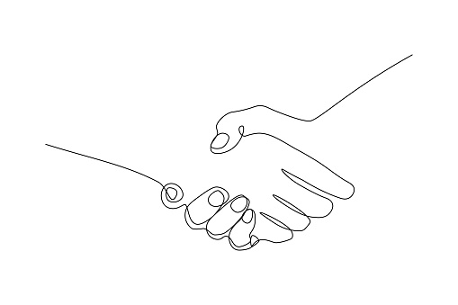 Handshake gesture in continuous line drawing style. Partnership and agreement sign black line sketch on white background. Vector illustration
