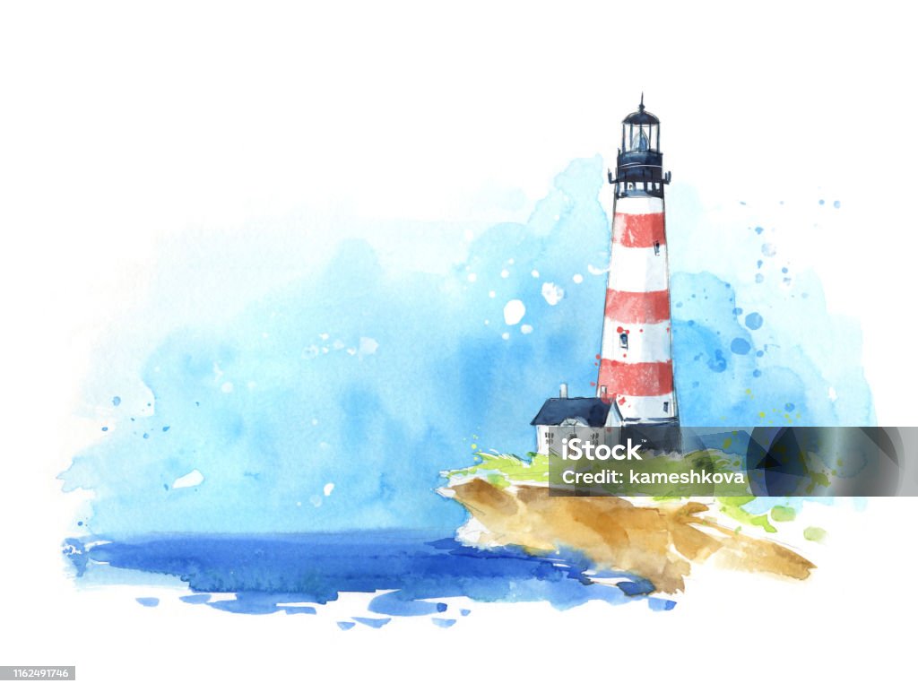 Watercolour sketch of a lighthouse at the seaside, seascape. Lighthouse stock illustration
