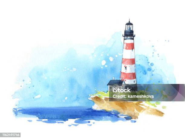 Watercolour Sketch Of A Lighthouse At The Seaside Seascape Stock Illustration - Download Image Now