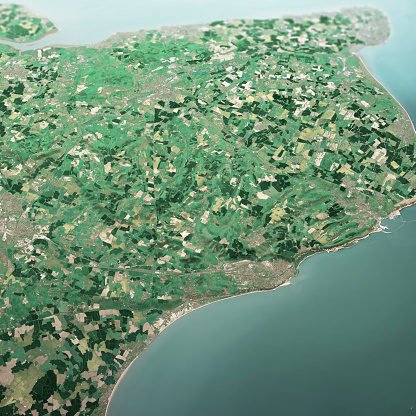 3D Render of a Topographic Map of the Dover area in England near the English Channel.\nAll source data is in the public domain.\nContains modified Copernicus Sentinel data (May 2019) courtesy of ESA. URL of source image: https://scihub.copernicus.eu/dhus/#/home.\nRelief texture SRTM data courtesy of NASA. URL of source image: https://search.earthdata.nasa.gov/search/granules/collection-details?p=C1000000240-LPDAAC_ECS&q=srtm%201%20arc&ok=srtm%201%20arc