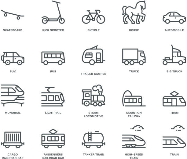 illustrazioni stock, clip art, cartoni animati e icone di tendenza di vista lato icone trasporto terrestre, concetto monolinea - mezzo di trasporto immagine