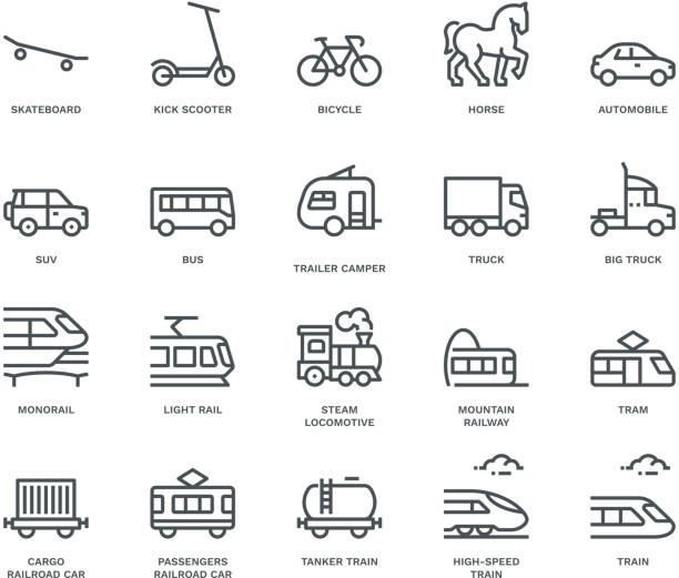 ilustrações, clipart, desenhos animados e ícones de ícones do transporte da terra-vista lateral, conceito de monoline - locomotiva a vapor