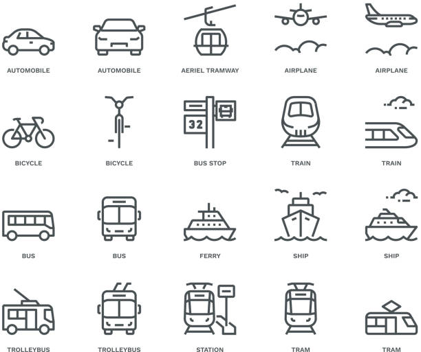 Public Transport Icons-mix view,  Monoline concept The icons were created on a 48x48 pixel aligned, perfect grid providing a clean and crisp appearance. Adjustable stroke weight. ferry stock illustrations