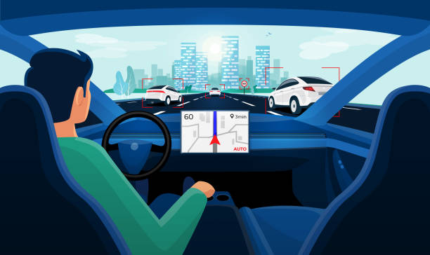 Autonomous Smart Driverless Car Self Driving. Driver with no Hands on Steering. Autonomous smart driverless electric car self-driving on road to city. Vehicle on autopilot and man driver without holding hands on steering wheel. Car interior dashboard display view. Vector concept. autopilot stock illustrations