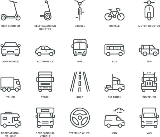 Widok ikon transportu drogowego- mix, koncepcja monolinii – artystyczna grafika wektorowa