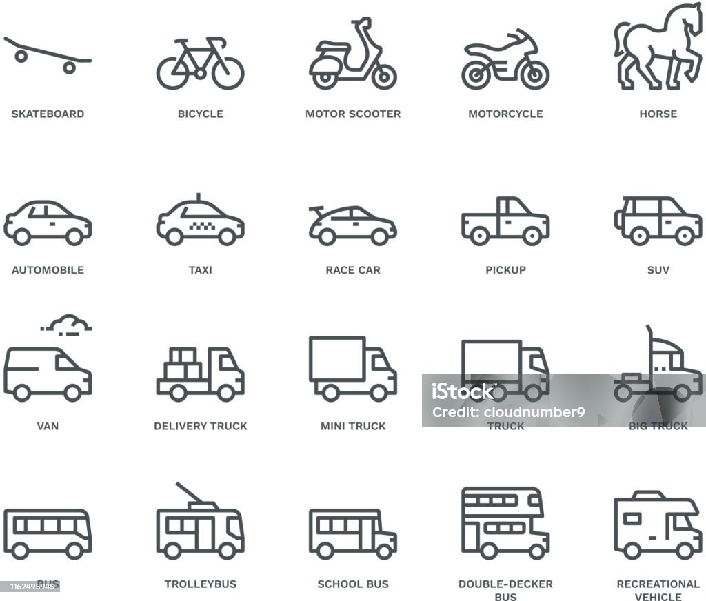 Road Transport Icons-side view,  Monoline concept The icons were created on a 48x48 pixel aligned, perfect grid providing a clean and crisp appearance. Adjustable stroke weight Icon stock vector