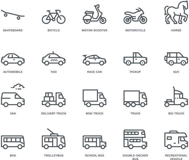 Road Transport Icons-side view,  Monoline concept The icons were created on a 48x48 pixel aligned, perfect grid providing a clean and crisp appearance. Adjustable stroke weight bus transportation stock illustrations