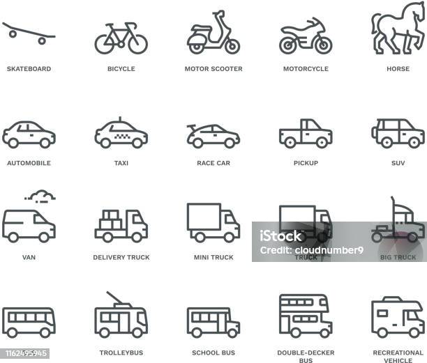 Road Transport Iconsside View Monoline Concept Stock Illustration - Download Image Now - Icon, Car, Truck