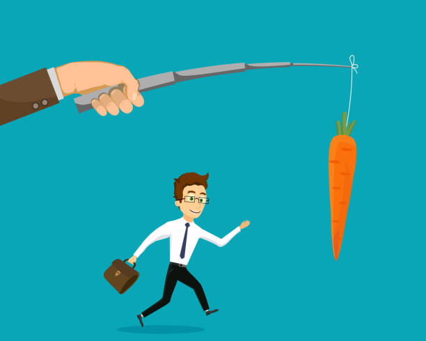 istock Hand holding a fishing rod with a carrot. Man running for the bait 1162496328