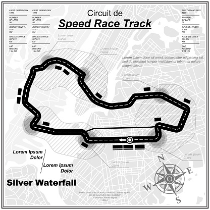 Speed race circuit map with sample text isolated on white background
