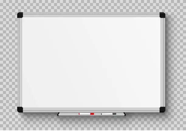 Vector illustration of Realistic office Whiteboard. Empty whiteboard with marker pens - stock vector.
