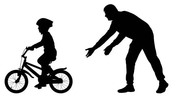 Vector illustration of Father teaches baby to ride bicycle silhouette. First bike ride vector. Teaching a child to ride bike without stabilisers