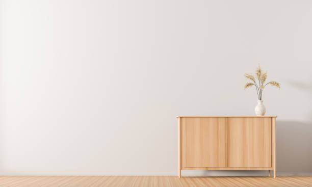 istock Empty wall in scandinavian style interior with wooden drawer. Minimalist interior design. 3D illustration. 1162498996