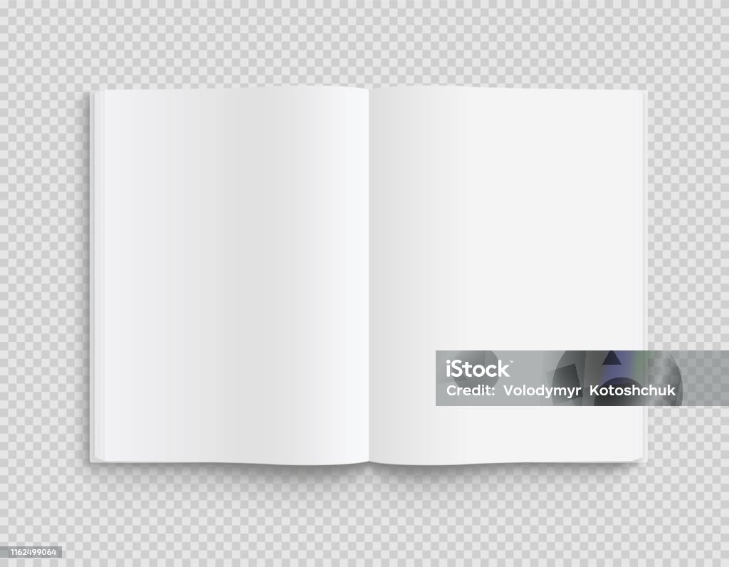 Blank opened book, magazine and notebook template with soft shadows on transparent background. Front view. - stock vector. - Royalty-free Livro arte vetorial