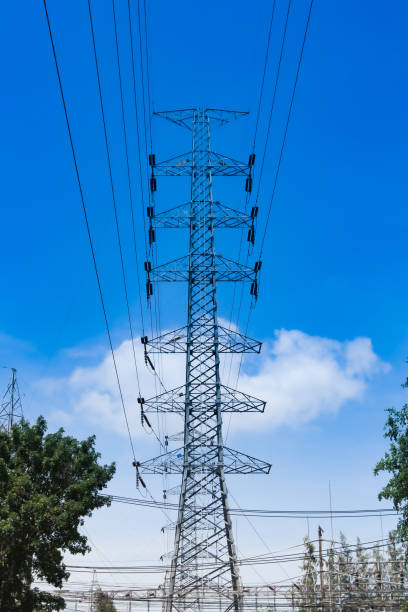 istock High voltage tower, Electricity post, Electric post on deep blue sky background 1162502786