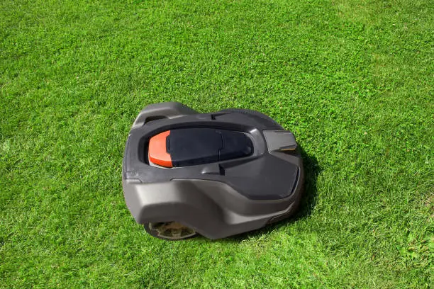 Summer landscape with green lawn and automatic robot lawnmower mows grass, top view