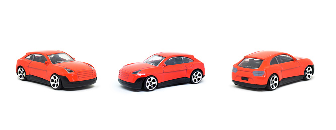 Group of red cars model toy isolated on white background.