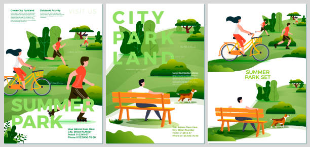 vektor sommer poster set - naturpark - bike park stock-grafiken, -clipart, -cartoons und -symbole