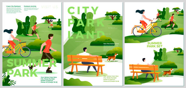 illustrazioni stock, clip art, cartoni animati e icone di tendenza di poster estivi vettoriali set - parco naturale - parco pubblico illustrazioni