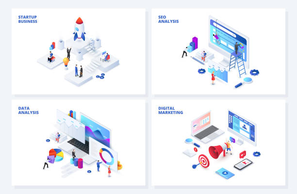 Isometric 3d illustrations set. Startup, seo and data analysis, digital marketing with characters. Isometric 3d illustrations set. Startup, seo and data analysis, digital marketing with characters. advertising isometric stock illustrations