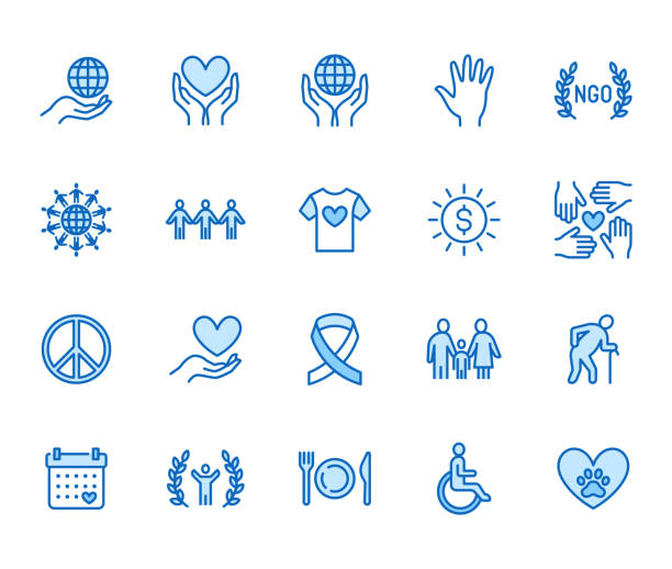 Charity flat line icons set. Donation, nonprofit organization, NGO, giving help vector illustrations. Outline signs for donating money, volunteer community. Pixel perfect 64x64. Editable Strokes Charity flat line icons set. Donation, nonprofit organization, NGO, giving help vector illustrations. Outline signs for donating money, volunteer community. Pixel perfect 64x64. Editable Strokes. vector love care old stock illustrations