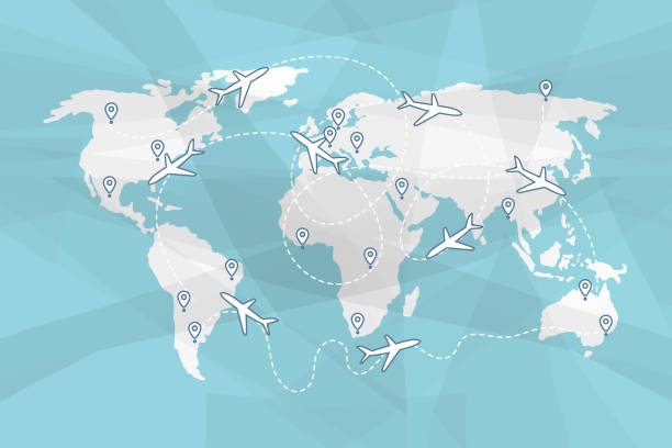 ilustraciones, imágenes clip art, dibujos animados e iconos de stock de mapa del mundo con rutas aéreas - surveillance world map globe planet