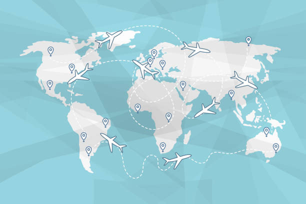 illustrazioni stock, clip art, cartoni animati e icone di tendenza di mappa del mondo con rotte aeree - surveillance world map globe planet
