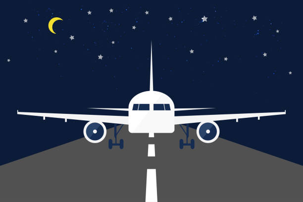 Front View of An Aircraft, Night Front View of An Aircraft, Night. contrail moon on a night sky stock illustrations