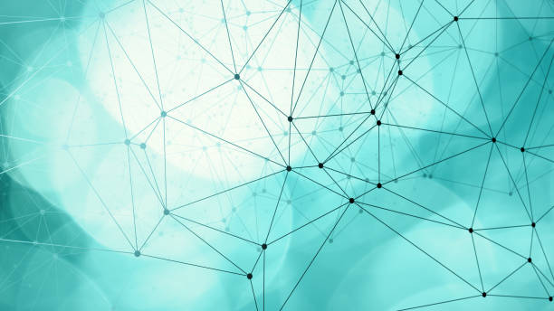 istock Geometric triangles shapes connection, mint green bokeh circles background 1162507981
