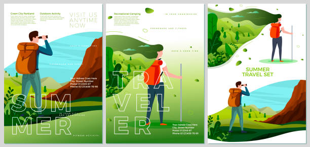 Vector summer camp travel posters set - man, woman Vector summer camp travel posters set - man and woman outdoors. Forests, trees and hills on background. Print template with place for your text. journey patterns stock illustrations