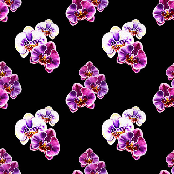 istock Seamless pattern from bright orchid flowers. Watercolor painting. Exotic plant. Floral print. Botanical composition. Wedding and birthday. Greeting texture. 1162509759