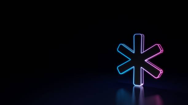 3d glowing neon symbol of symbol of asterisk isolated on black background - asterisk imagens e fotografias de stock