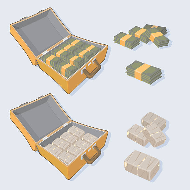 Organized crime Criminal's Suitcase with various crime elements. All grouped and layered for easy editing and isolation. cocaine stock illustrations