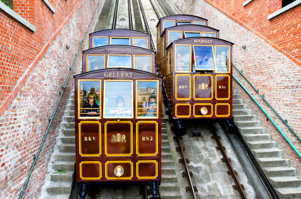 Castle Hill Funicular tramways connecting the banks of River Danube and the Buda Castle has been in service since 1870, Budapest, Hungary
