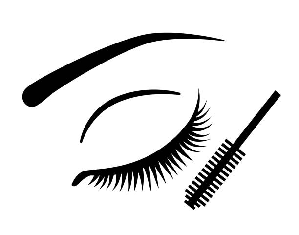 Eyelashes and mascara vector icon Closed eye with long eyelashes and mascara brush mascara wands stock illustrations