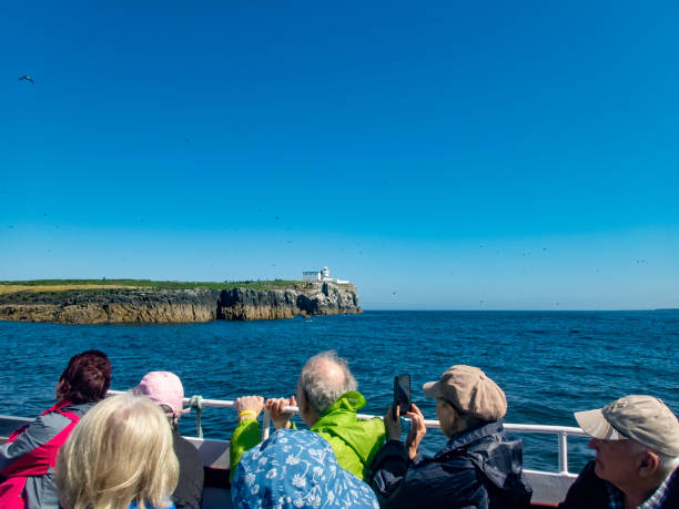 Seahouses to Farne islands ferry on a bright sunny summer's day Seahouses to Farne islands ferry on a bright sunny summer's day with families,  tourists sat in the boat being transported to the Islands from Seahouses harbour on the Northumberland Coast in North East England, UK beside the water's edge. Bamburgh stock pictures, royalty-free photos & images