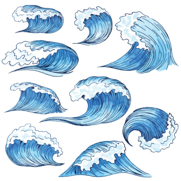 illustrazioni stock, clip art, cartoni animati e icone di tendenza di onde blu acquerello - wave curl