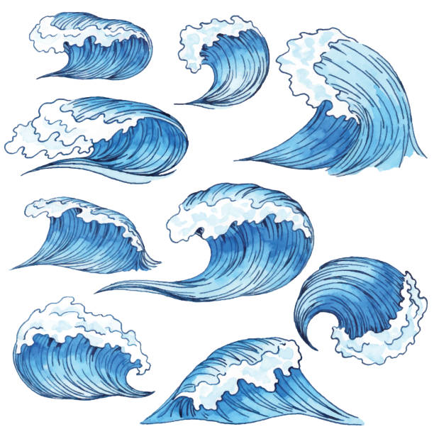 Watercolor Blue Waves Vector illustration of watercolor drawing. storm surge icon stock illustrations