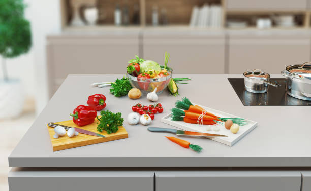istock Wooden table over blurred kitchen window sill for product display, 3d rendering 1162519602