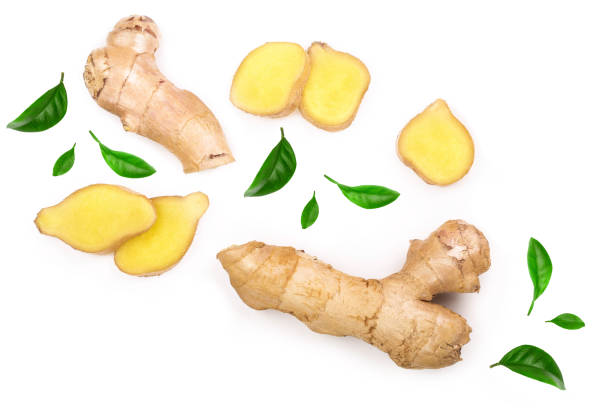 istock fresh Ginger root and slice isolated on white background. Top view. Flat lay 1162521492
